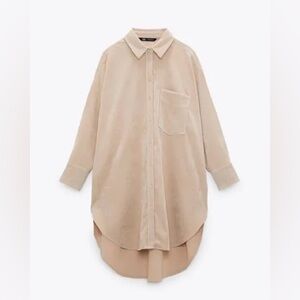 Zara Tan Oversized Notched Collar Button Down Shirt